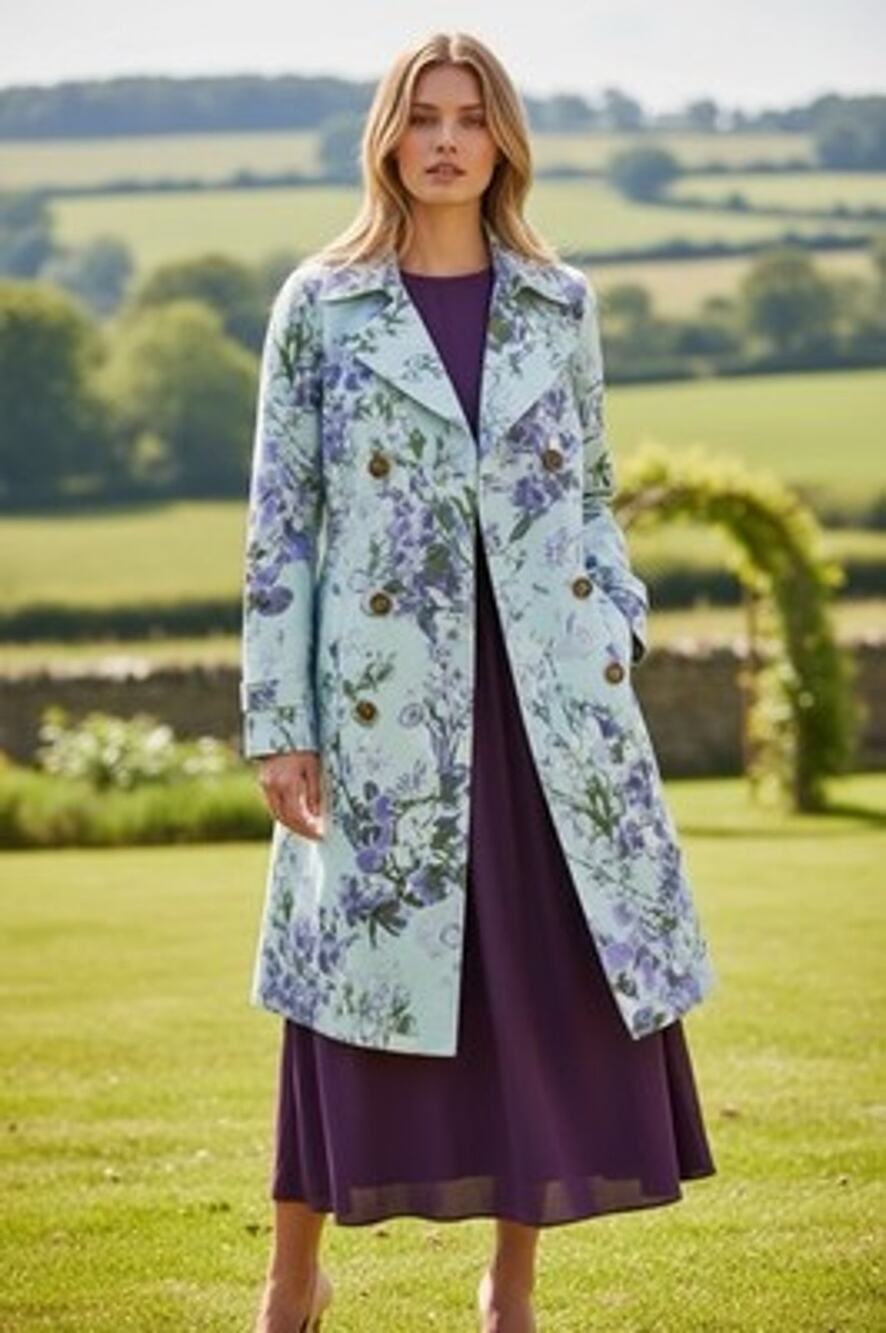 Floral Colorful Trench Coat Blue Purple Watercolor Long Belted Garden Plus 1X